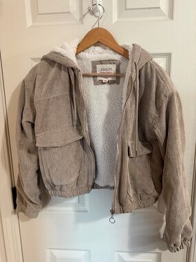 Sherpa-Lined Corduroy Hooded Jacket in Light Taupe